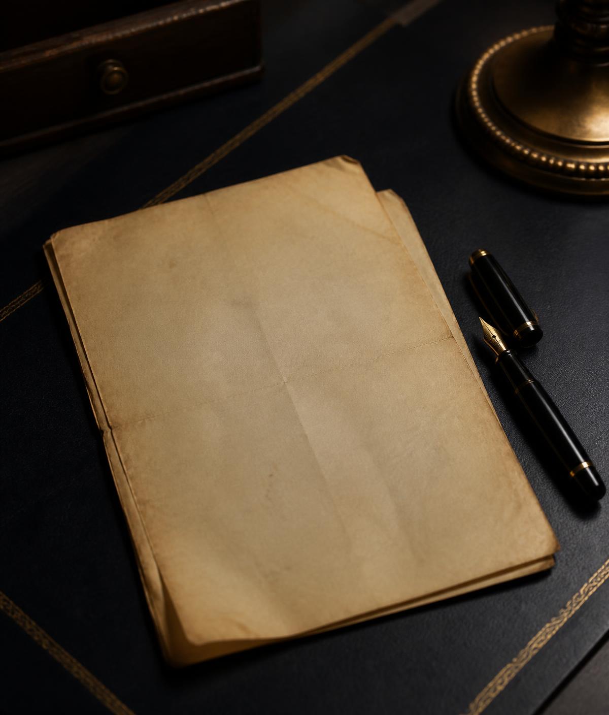 Aged document and fountain pen on a dark leather desk